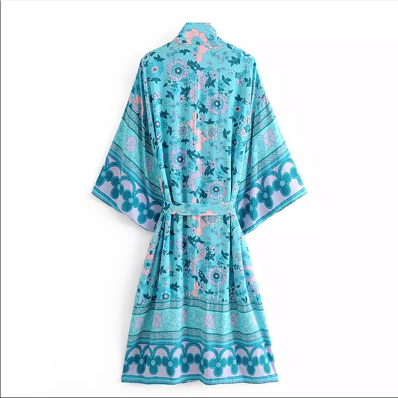 Blue Boho Kimono Floral Gypsy Print Maxi CoverUp - Picture 8 of 11